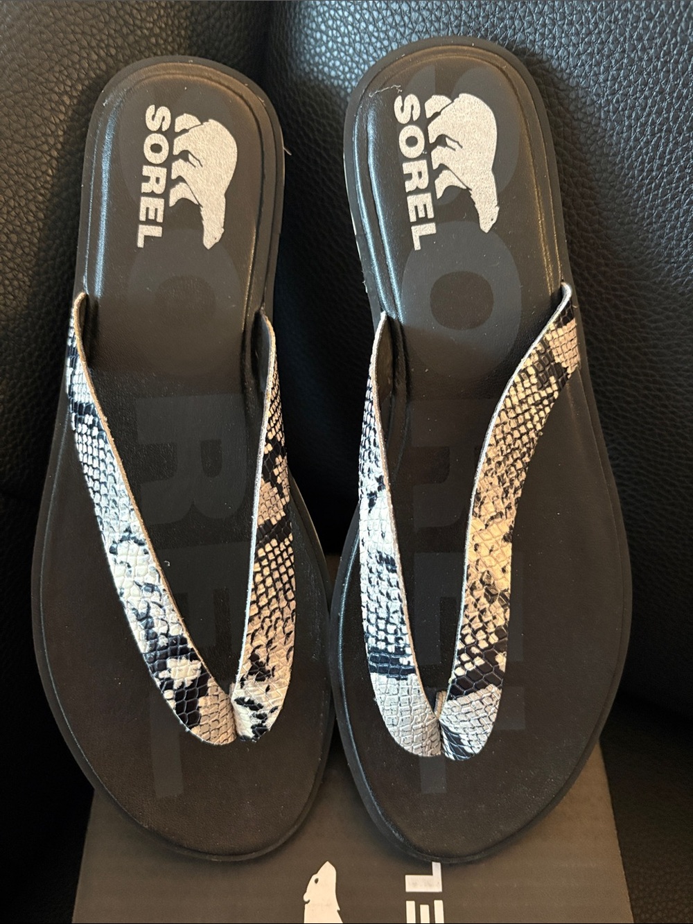 Sorel Ella Flip 2 - Black Sandals with Snake-Print Straps - brand new